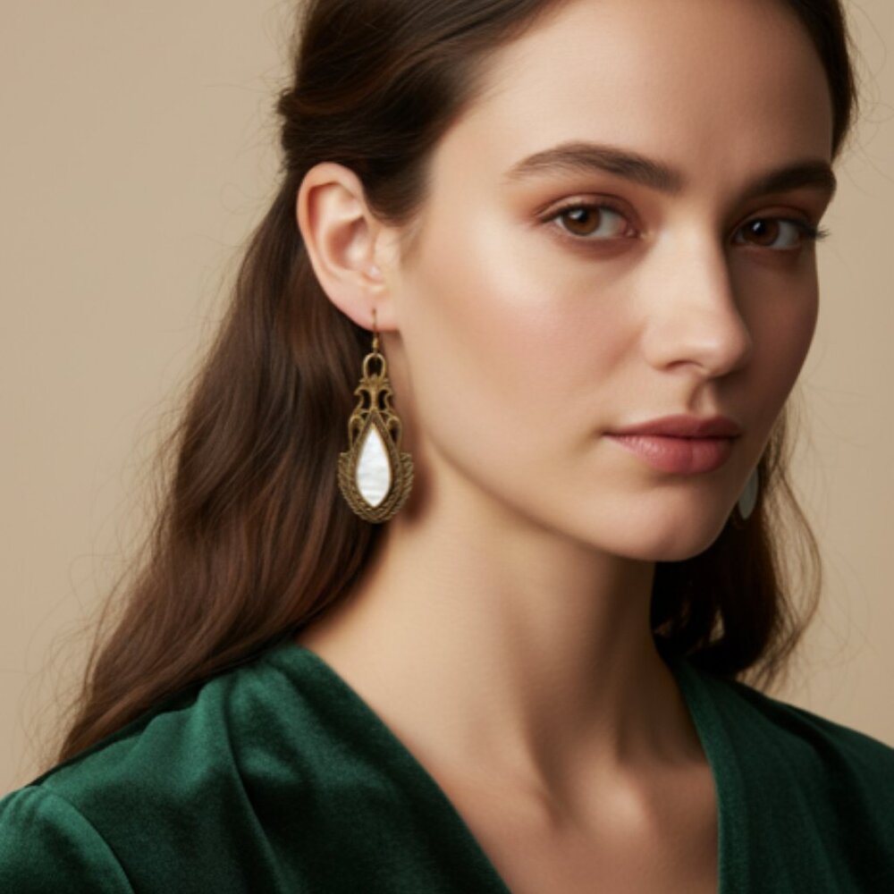 Vtg Mother of Pearl Art Deco Scroll Dangle Earrings Brass